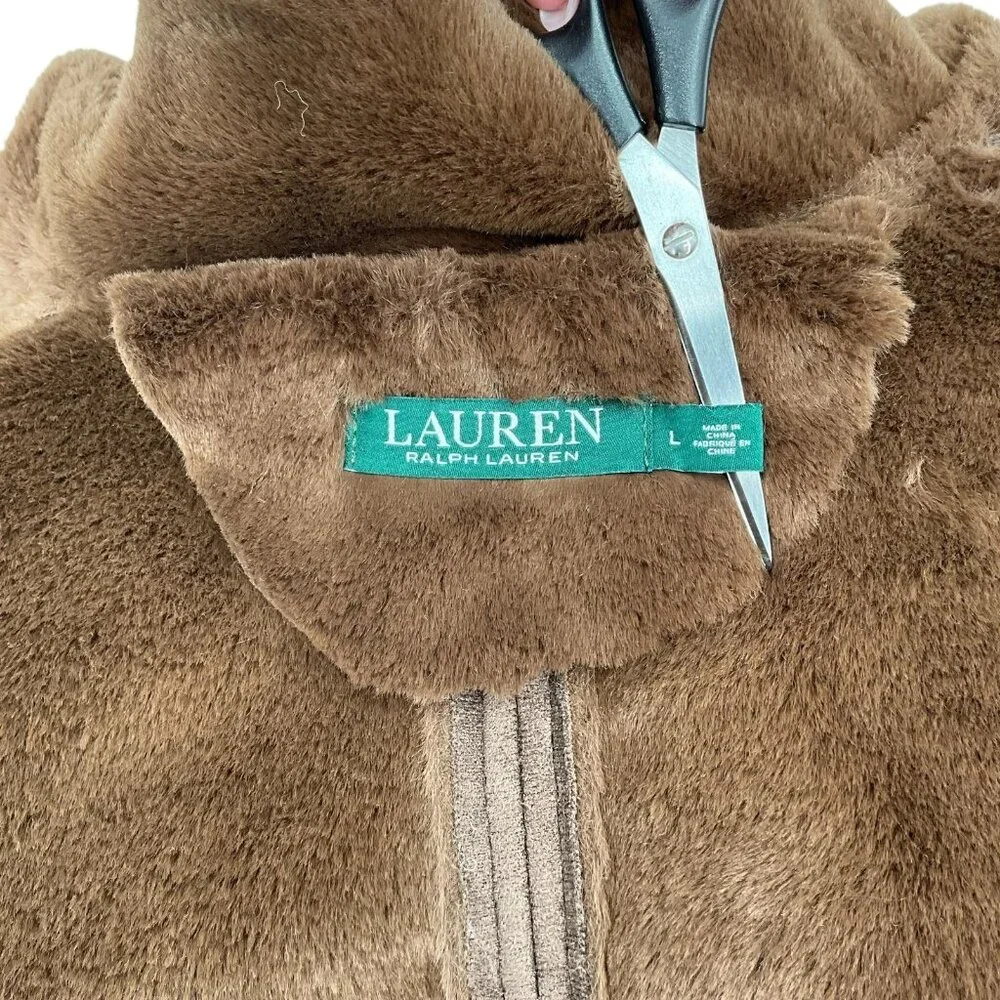 Lauren Ralph Lauren Coat Womens Large Brown Faux Shearling Fleece Drape Collar - Picture 8 of 14